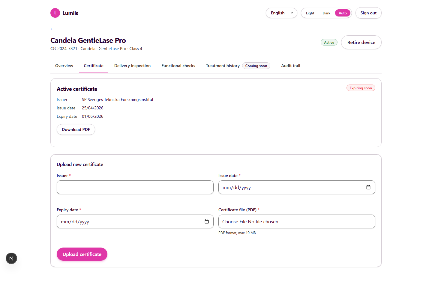 Certificate tab