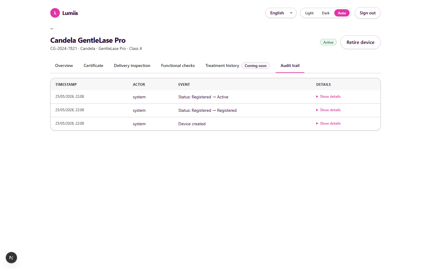 Audit trail tab