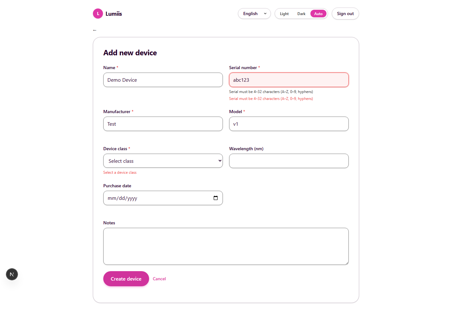 Create device form with validation error