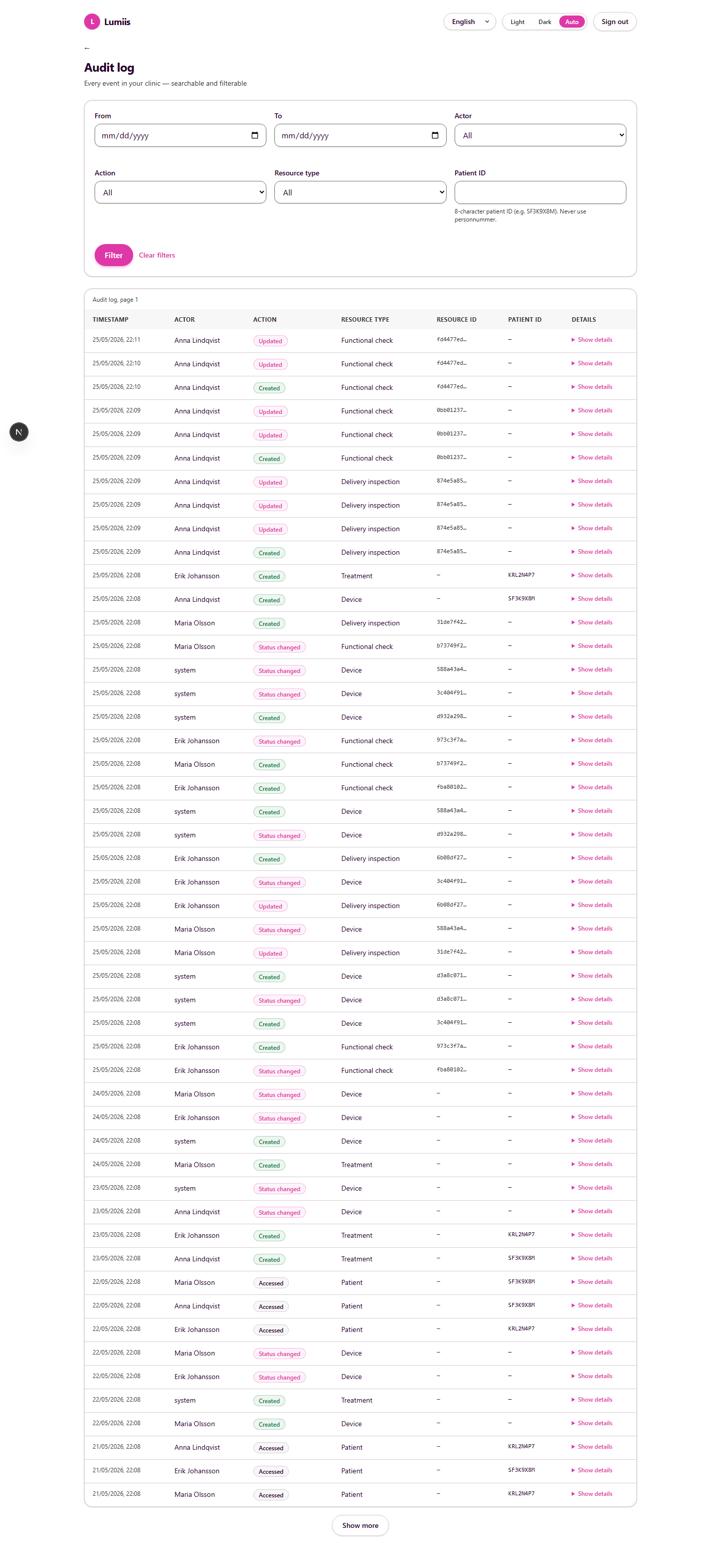 Clinic Owner audit log viewer