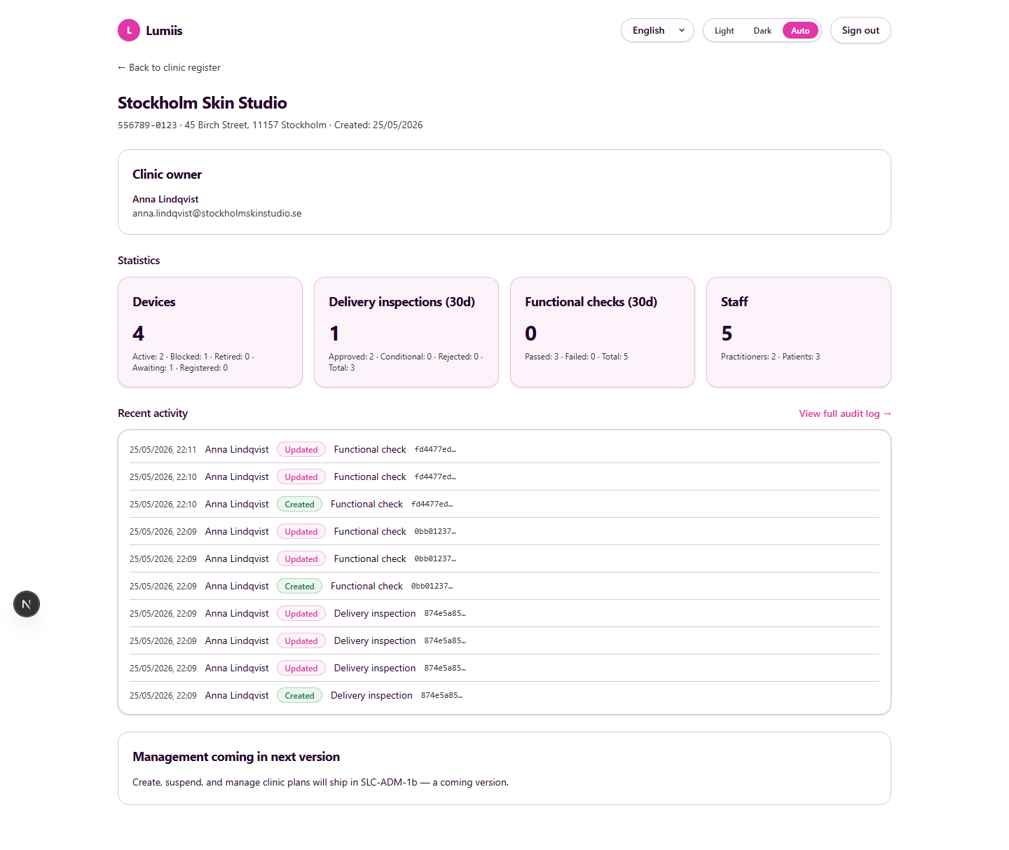 Clinic detail page