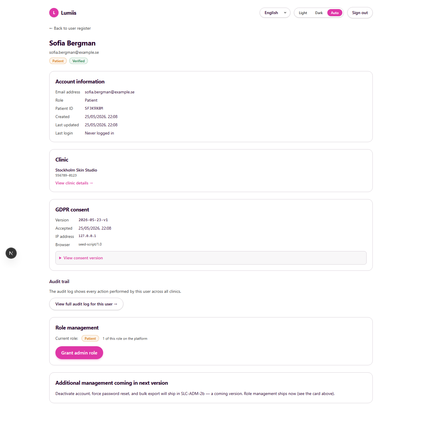 Sofia's user detail page
