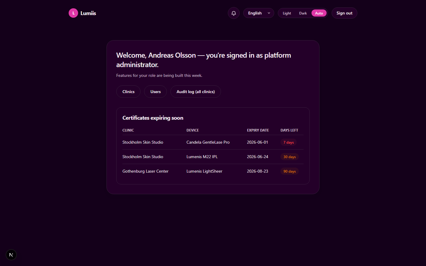 Dark mode SuperAdmin landing