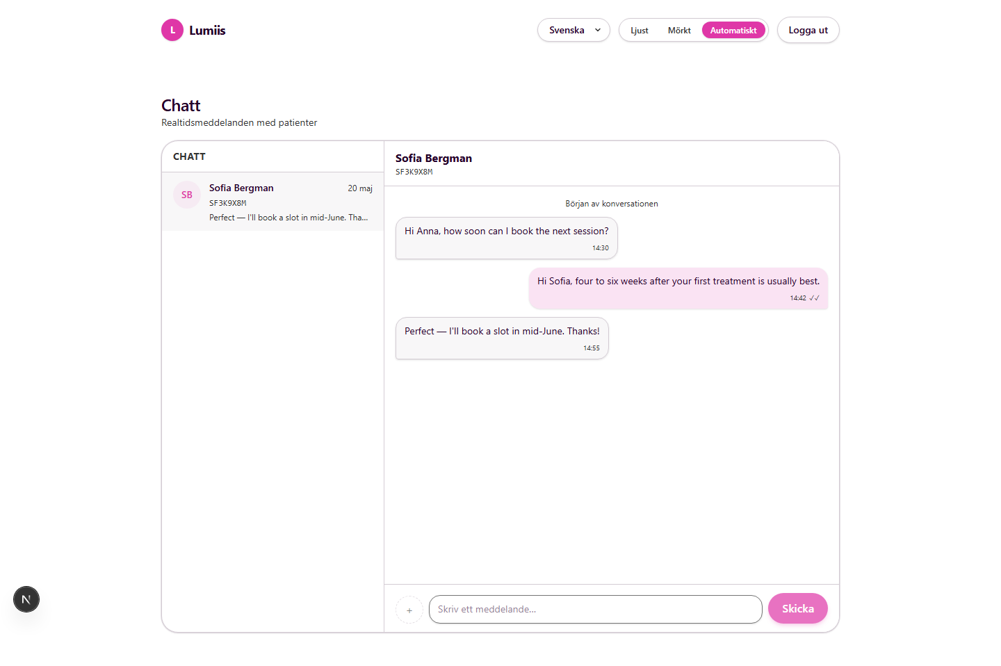 Clinic chat thread Swedish light theme