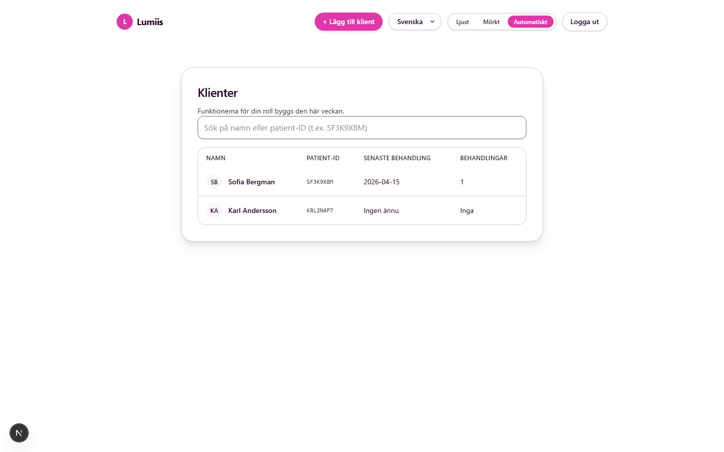 Client Register — Clinic Owner, Swedish