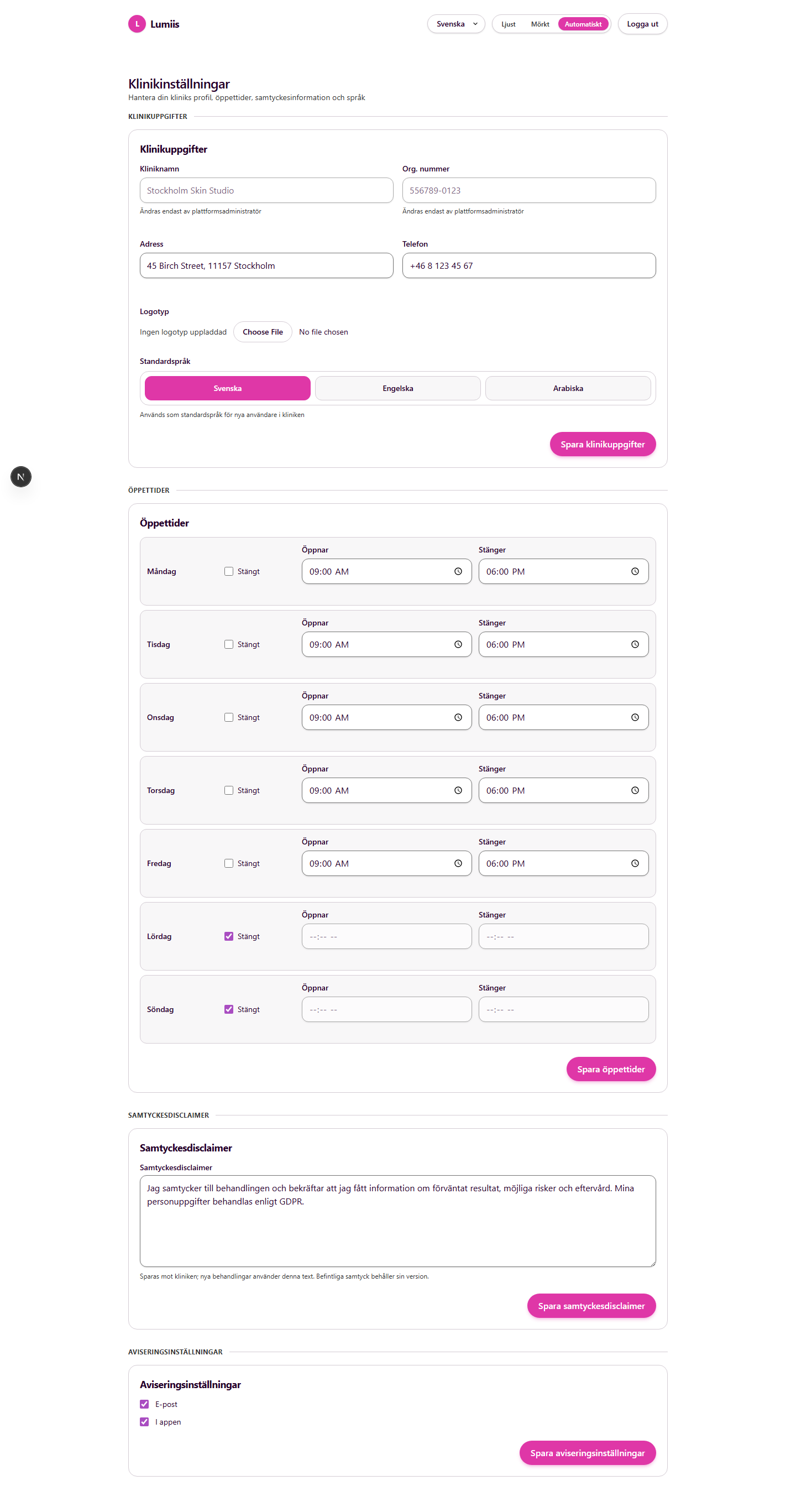 Clinic settings in Swedish light theme