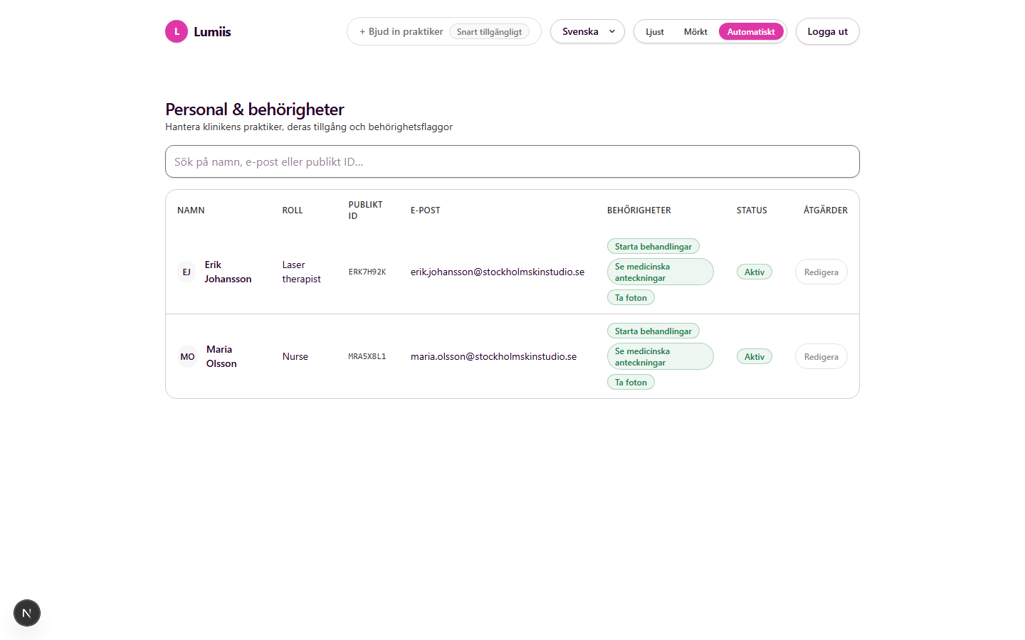Clinic staff list Swedish light theme