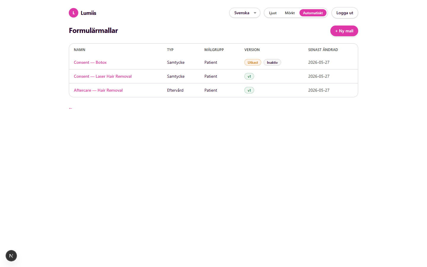 Form Builder — template list