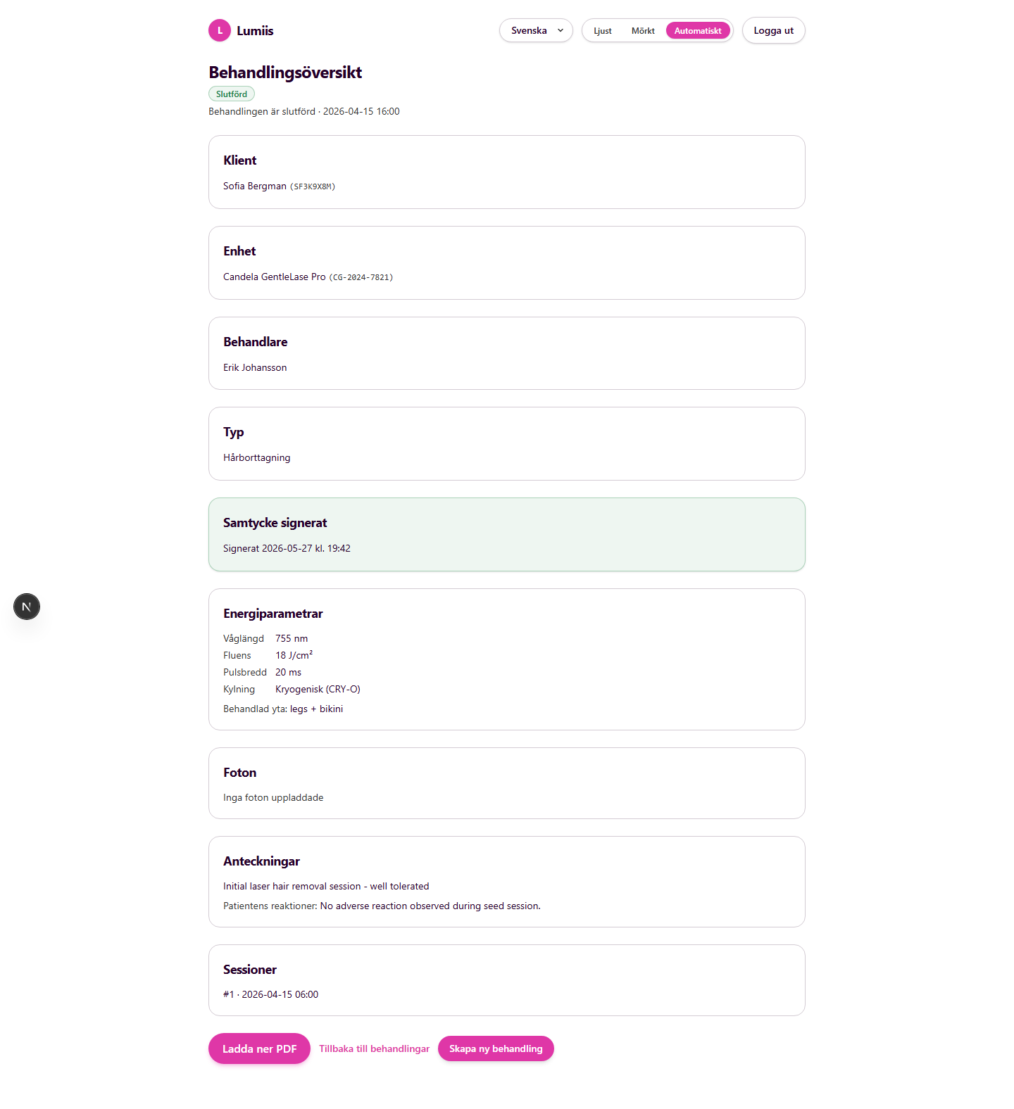 Treatment detail — Swedish, light