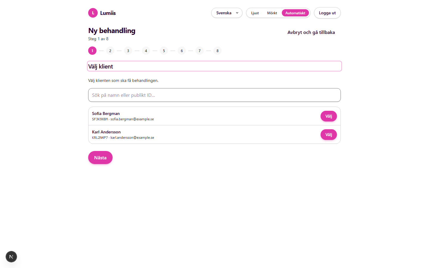 Treatment Wizard — Step 1, Swedish